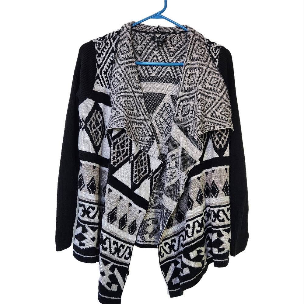 Lucky Brand Black & Cream Geometric Boho Waterfall Open Cardigan Size M